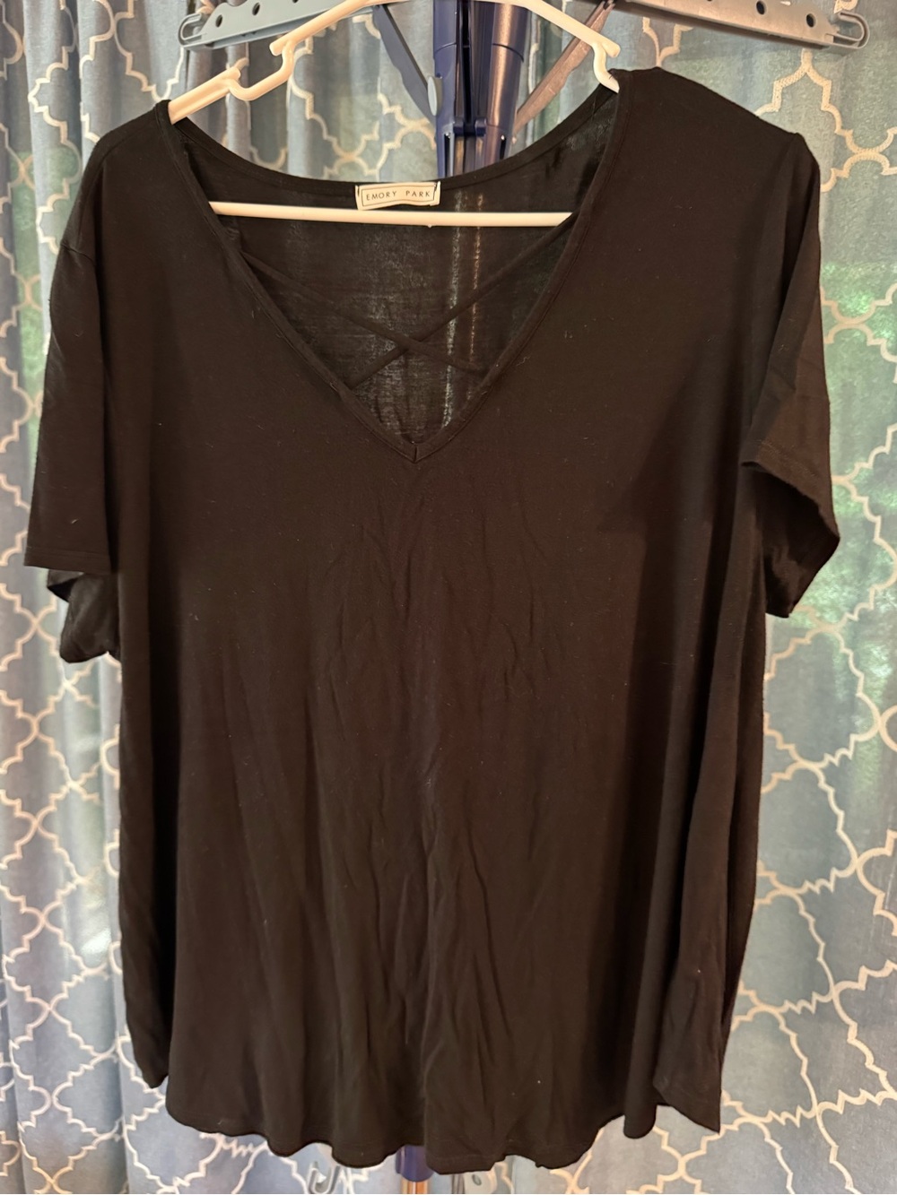 emory park Black V-Neck Short Sleeve Tee with Crisscross Detail
